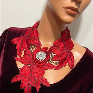 Red Textile Jewelry Bib Bohemian Embroidery Lace  Necklace  Wearable Art  Limit